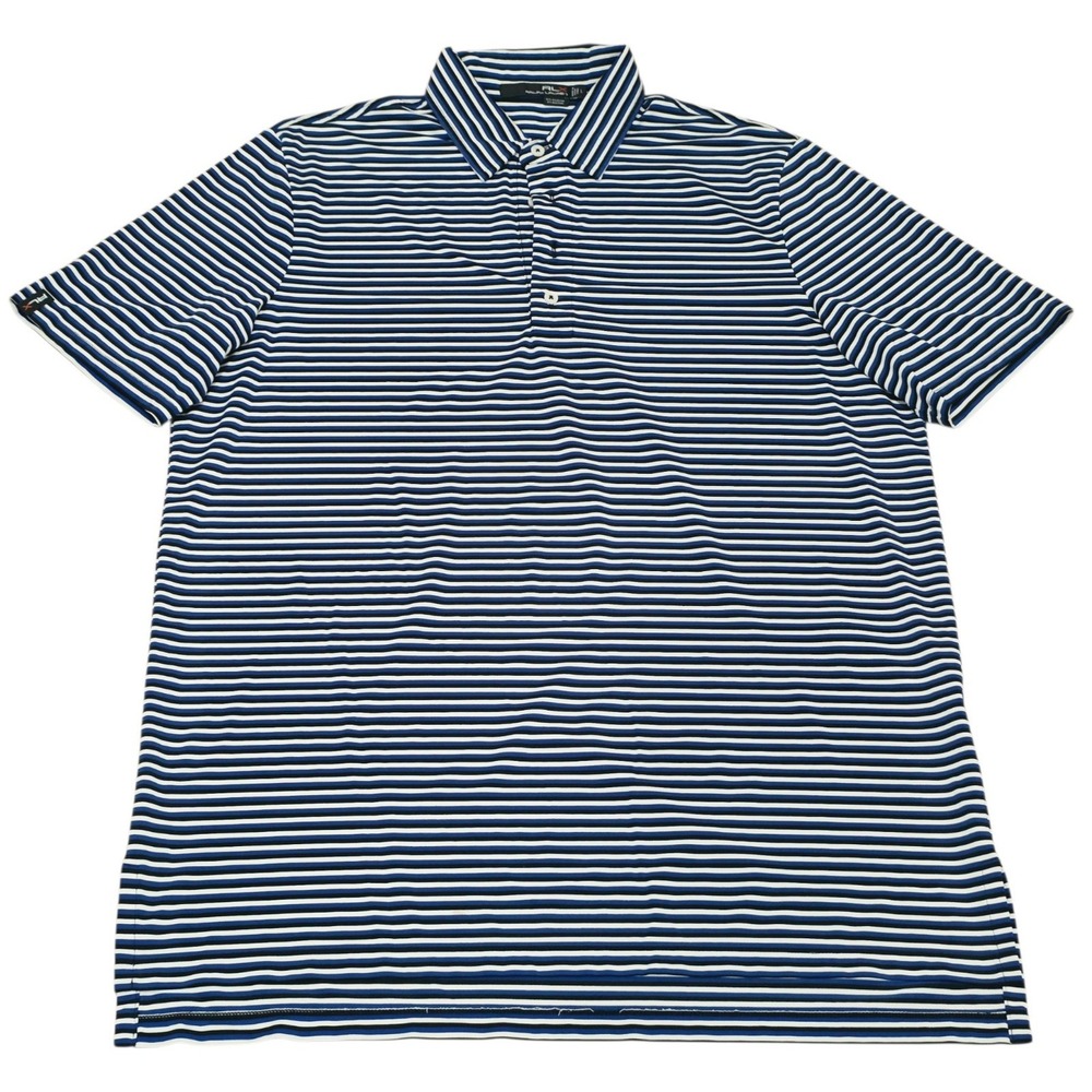 RLX Ralph Lauren Golf Polo Mens Large Blue Black White Stripe Performance Shirt